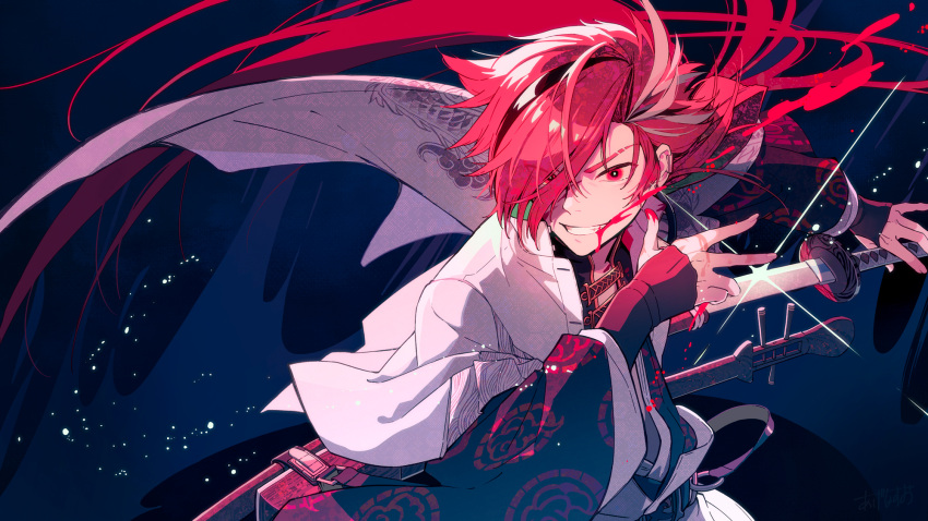 1boy amzk_knr asymmetrical_hair blood blood_on_face blood_on_hands crazy_grin fate/grand_order fate_(series) hair_over_one_eye highres holding holding_sword holding_weapon instrument long_hair long_sleeves multicolored_hair ponytail red_eyes red_hair shamisen smile solo streaked_hair sword takasugi_shinsaku_(fate) teeth two-tone_hair very_long_hair weapon wide_sleeves