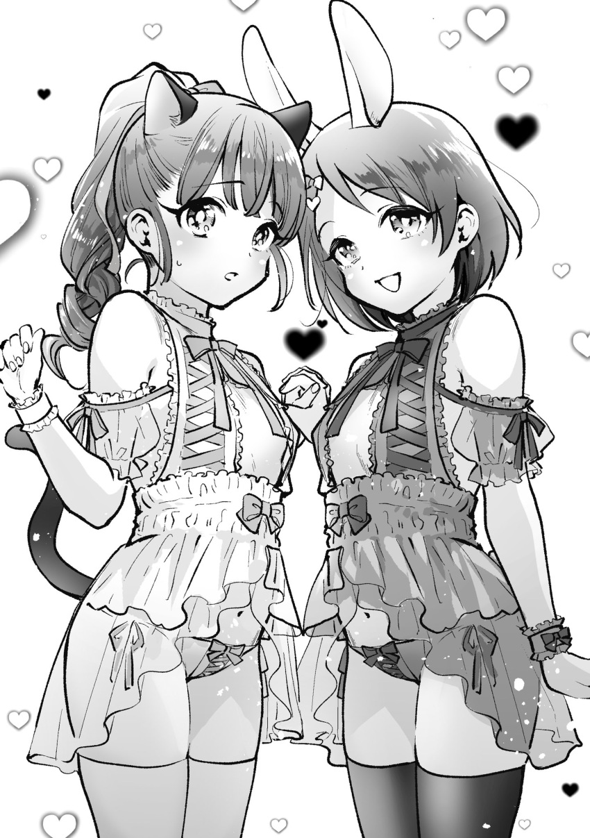 2girls animal_ears breasts cat_ears cat_tail commentary cross-laced_clothes cross-laced_panties cross-laced_top frills fukuyama_mai greyscale hagyouayumu heart highres idolmaster idolmaster_cinderella_girls monochrome multiple_girls navel panties ponytail rabbit_ears sasaki_chie short_hair simple_background small_breasts symbol-only_commentary tail thighhighs underwear white_background