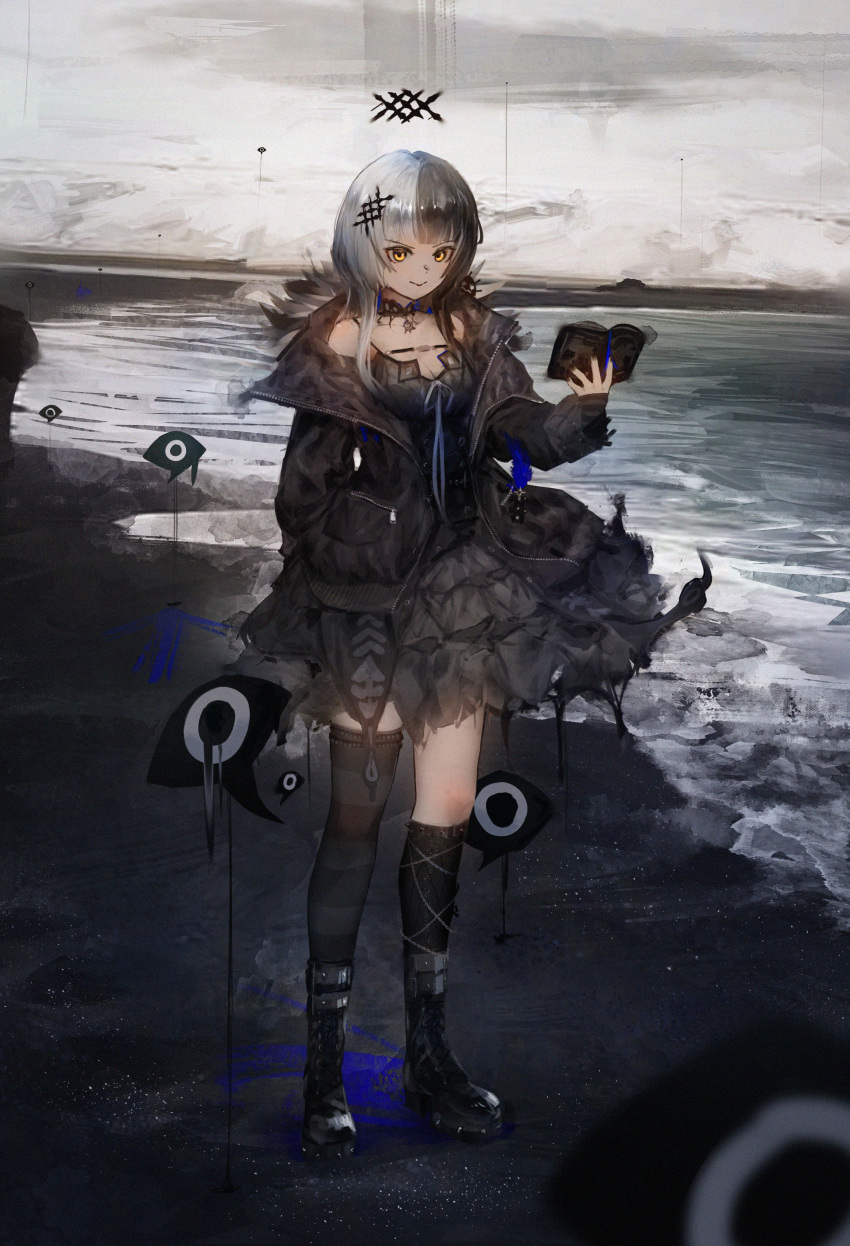 1girl absurdres asymmetrical_legwear bare_shoulders black_dress black_hair black_jacket black_sand black_thighhighs book boots breasts cleavage closed_mouth collarbone dress full_body fur-trimmed_jacket fur_trim greedice grey_sky halo high_collar highres holding holding_book hololive hololive_english horizon jacket medium_breasts mismatched_legwear multicolored_hair multiple_hairpins ocean platform_boots platform_footwear sand shiori_novella shore sky solo split-color_hair thighhighs white_hair yellow_eyes