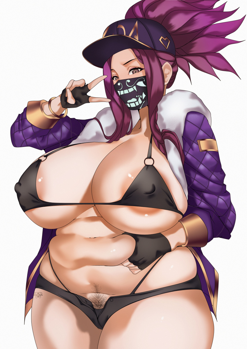 1girl absurdres akali areola_slip asymmetrical_legwear baseball_cap belly_grab bikini black_gloves breasts cleavage commission cropped_jacket curvy fat female_pubic_hair fingerless_gloves gloves gold_trim hair_through_headwear harstfazn hat highleg highleg_panties highres jacket k/da_(league_of_legends) k/da_akali league_of_legends mask micro_bikini midriff mouth_mask navel nipple_slip nipples official_alternate_costume panties pants pixiv_commission plump ponytail print_mask pubic_hair purple_hair purple_jacket shade short_shorts shorts solo swimsuit tight_clothes tight_pants underwear v