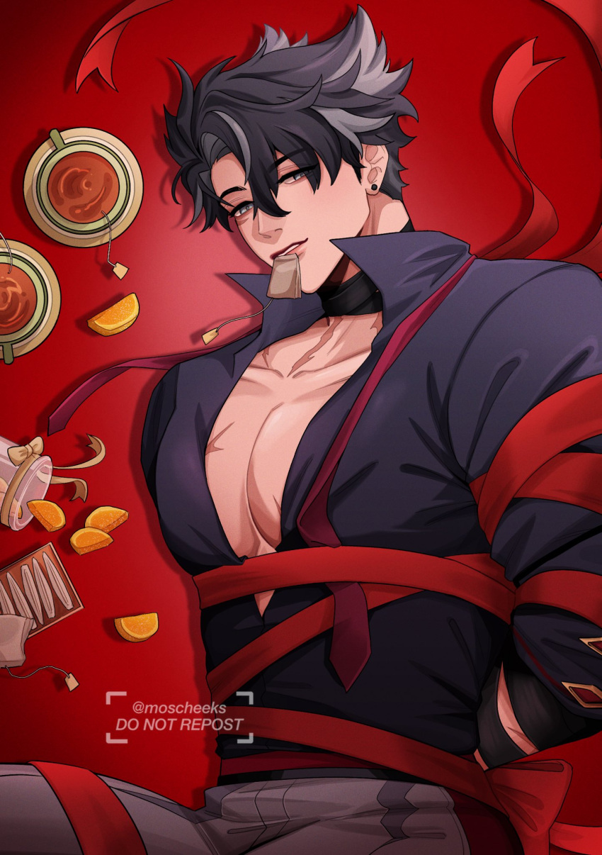 arms_behind_back bara bdsm black_choker black_hair black_shirt bondage bound choker english_commentary english_text food genshin_impact hair_between_eyes highres looking_at_viewer moscheeks multicolored_hair necktie red_background red_necktie scar scar_on_chest scar_on_neck shirt short_hair streaked_hair twitter_username upper_body wriothesley_(genshin_impact)