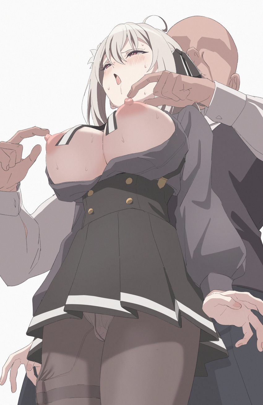 1boy 1girl absurdres bald black_skirt blush breasts breasts_out brown_pantyhose faceless faceless_male grey_background highres large_breasts lily_(spy_kyoushitsu) nipple_tweak nipples open_mouth panties panties_under_pantyhose pantyhose red_eyes simple_background sincos skirt spy_kyoushitsu standing underwear white_hair white_panties
