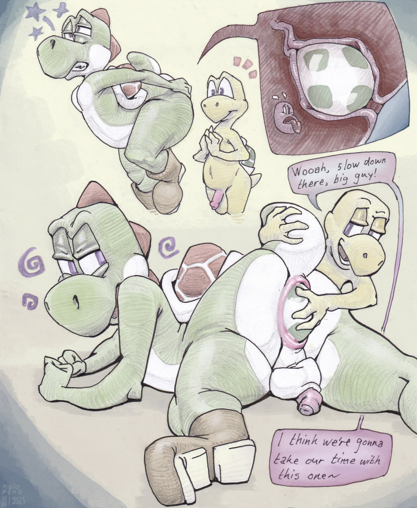 absurd_res anal anthro anus balls boots butt clothing digital_media_(artwork) dinosaur duo egg footwear genitals halo-pano hi_res internal koopa koopa_troopa lying male male/male mario_bros mixed_media nintendo on_front oviposition penis prostate prostate_stimulation reptile scalie shell traditional_media_(artwork) turtle yoshi