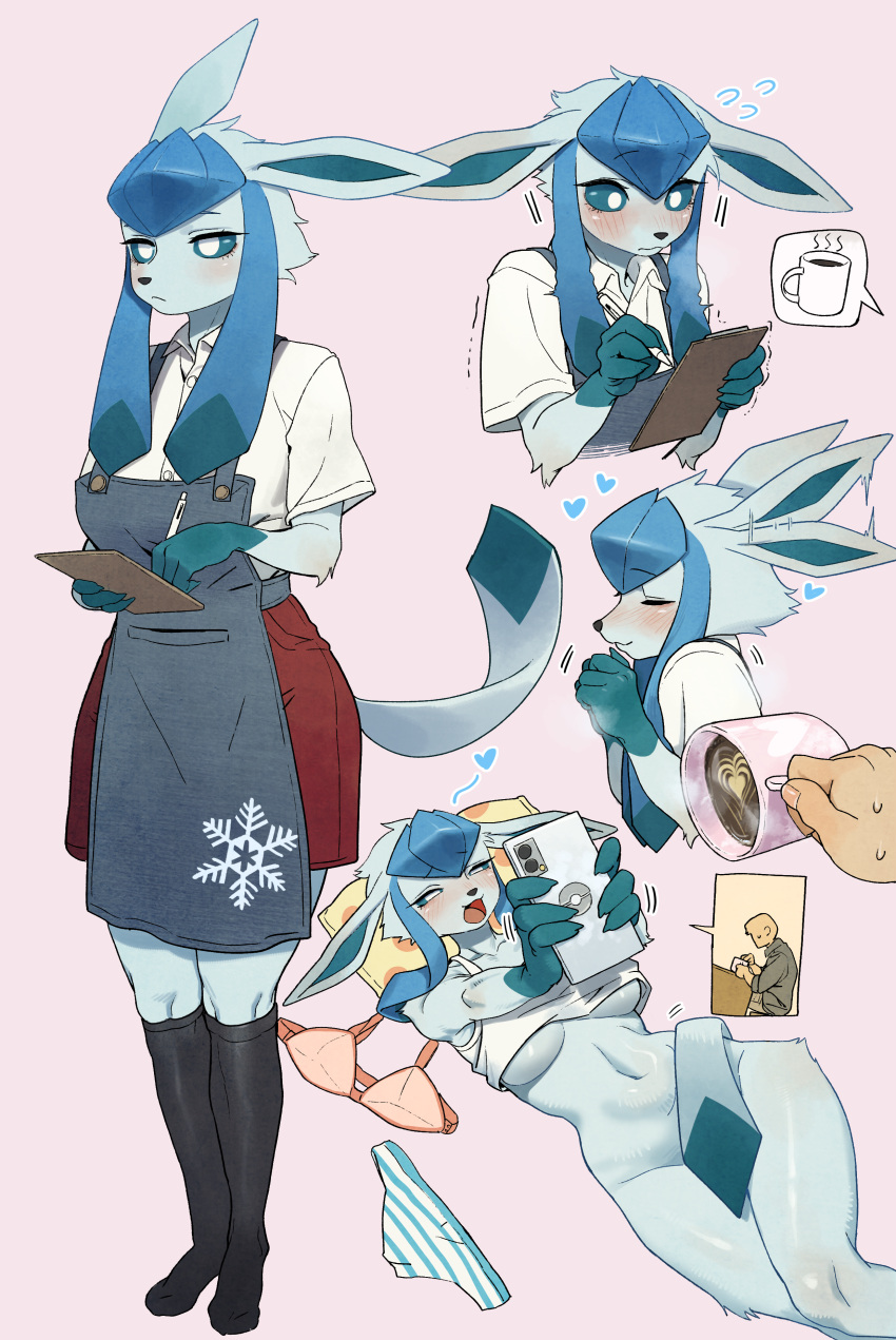 1girl :&lt; :3 absurdres afterimage animal_ears animal_hands apron arms_up black_apron black_socks blue_fur blue_hair blue_panties blue_sclera body_fur bottomless bra bra_removed breasts buttons cellphone claws clipboard closed_eyes closed_mouth clothes_lift coffee collarbone collared_shirt colored_sclera commentary_request cropped_torso cup ears_down embarrassed english_commentary expressionless flying_sweatdrops from_above from_side frost frozen full_body furry furry_female glaceon groin gu_deulmok half-closed_eyes hands_up heart highres holding holding_clipboard holding_cup holding_pen holding_phone kneehighs korean_commentary latte_art legs legs_together long_hair looking_at_phone lying medium_breasts miniskirt mixed-language_commentary mug multicolored_hair multiple_views navel nervous no_bra on_back outstretched_arms own_hands_together panties panties_removed partial_commentary pen personification phone pillow pink_background pocket poke_ball_symbol pokemon pokemon_(creature) profile red_skirt shiny_skin shirt shirt_lift short_sleeves sidelocks simple_background skirt smartphone snowflake_print socks speech_bubble standing stomach striped striped_panties tail tail_censor trembling twintails two-tone_fur two-tone_hair underboob underwear upper_body waitress white_eyes white_shirt writing