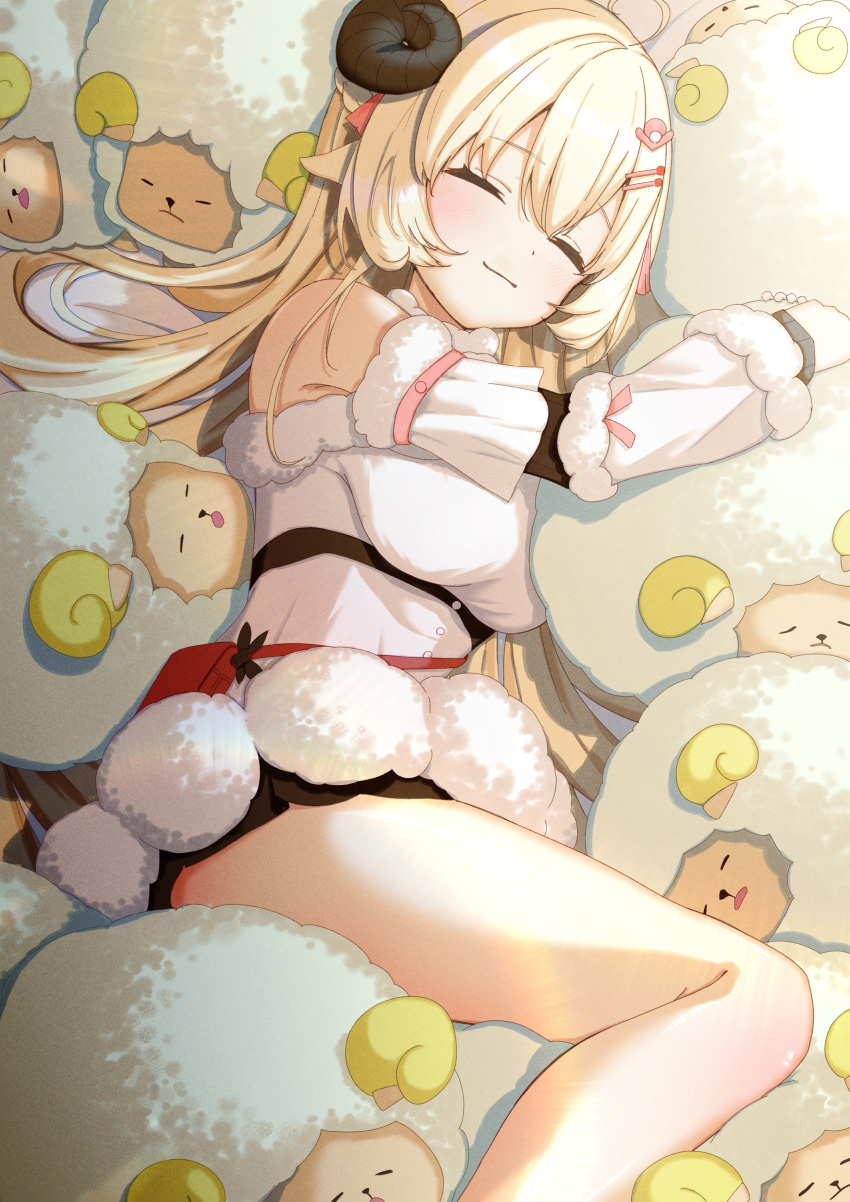 1girl absurdres animal_ears bare_shoulders black_dress black_horns blonde_hair breasts closed_eyes closed_mouth commentary_request curled_horns detached_sleeves dress feet_out_of_frame highres hihi_(oekakihix) hololive horns hug long_hair long_sleeves lying medium_breasts on_side sheep sheep_ears sheep_girl sheep_horns shirt sleeping smile solo thighhighs tsunomaki_watame virtual_youtuber white_shirt