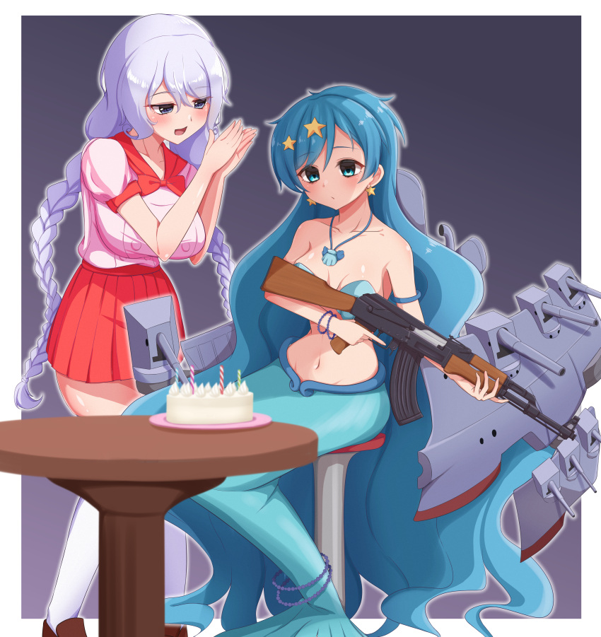 2girls :d absurdres ak-47 armlet assault_rifle avrora_(azur_lane) azur_lane bare_shoulders bead_tail_ornament birthday_cake blue_eyes blue_hair blush bracelet braid breasts buttons cake cleavage closed_mouth collarbone commentary_request commission cosplay crossover double-breasted earrings food full_body groin gun hair_between_eyes hair_ornament highres holding holding_gun holding_weapon houshou_hanon houshou_hanon_(cosplay) houshou_hanon_(mermaid) jewelry kalashnikov_rifle kneehighs large_breasts loafers long_hair looking_at_another medium_breasts mermaid mermaid_melody_pichi_pichi_pitch monster_girl mujin_(mujinzairaisen) multiple_girls navel necklace open_mouth own_hands_together pearl_bracelet pink_shirt pixiv_commission pleated_skirt red_sailor_collar red_skirt rifle rigging sailor_collar school_uniform shell shell_bikini shell_necklace shirt shoes sidelocks sitting skirt smile smokestack socks standing star_(symbol) star_earrings star_hair_ornament stomach stool table turret twin_braids very_long_hair weapon white_hair white_socks