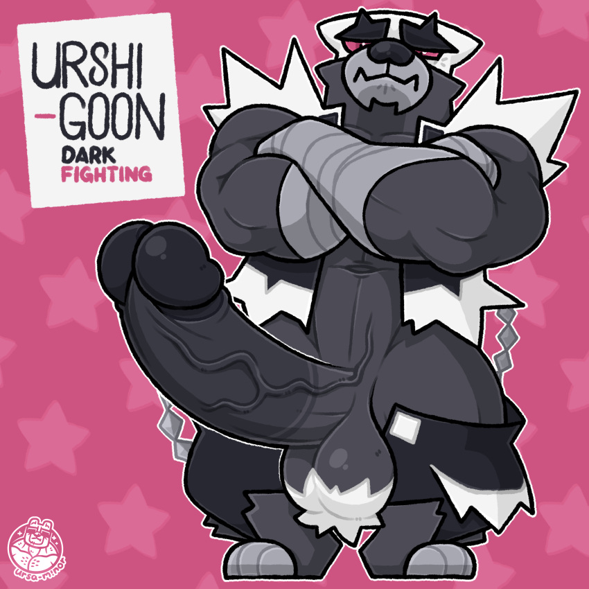 absurd_res anthro balls black_body bottomwear bottomwear_down clothed clothing crossed_arms digital_media_(artwork) english_text erection fakemon fur fusion generation_8_pokemon genitals hi_res humanoid humanoid_genitalia humanoid_penis hybrid legendary_pokemon looking_at_viewer male mammal muscular muscular_male nintendo obstagoon pants pants_down partially_clothed penis pokemon pokemon_(species) pokemon_fusion simple_background single_strike_style_urshifu solo standing text ursa-m1nor urshifu