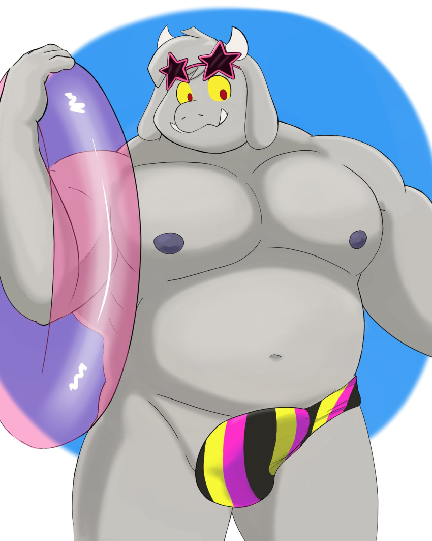 anthro bovid bulge caprine clothing enfer_belial eyewear eyewear_on_head fur goat goenym grey_body grey_fur hi_res horn kings_of_hell male mammal muscular muscular_anthro muscular_male navel nipples pecs solo speedo sunglasses sunglasses_on_head swim_ring swimwear