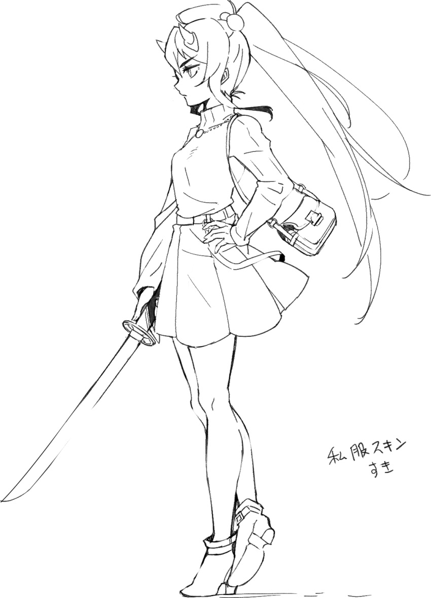 1girl ahoge bag boots commentary_request crossed_legs from_side full_body greyscale hand_on_own_hip high_ponytail highres holding holding_sword holding_weapon horns jewelry katana long_hair long_sleeves monochrome necklace nizitaro official_alternate_costume oni_horns ponytail profile shoulder_bag sidelocks skirt solo suzuka_(housamo) sweater sword tokyo_afterschool_summoners translation_request turtleneck turtleneck_sweater weapon white_background