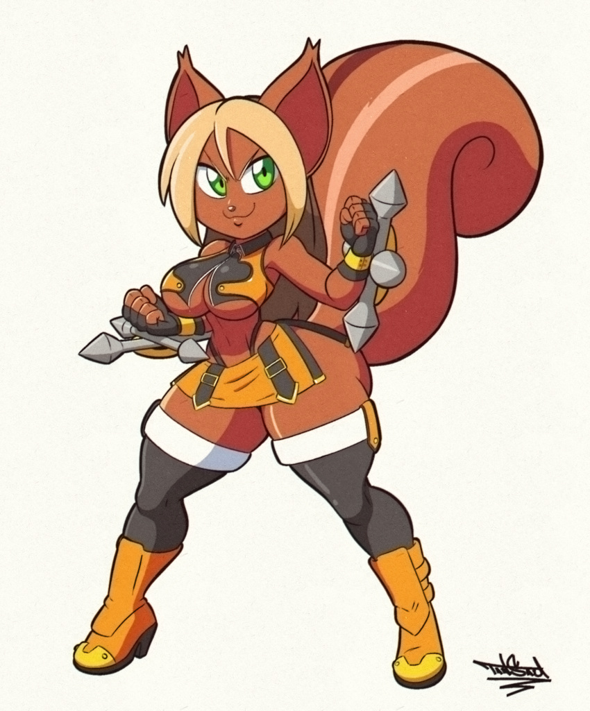 alternate_species anthro anthrofied blazblue bottomwear brown_body brown_fur clothing club_(weapon) female fur hi_res legwear makoto_nanaya mammal melee_weapon miniskirt nightstick rodent sciurid simple_background skirt solo tansau thick_thighs thigh_highs tree_squirrel weapon white_background