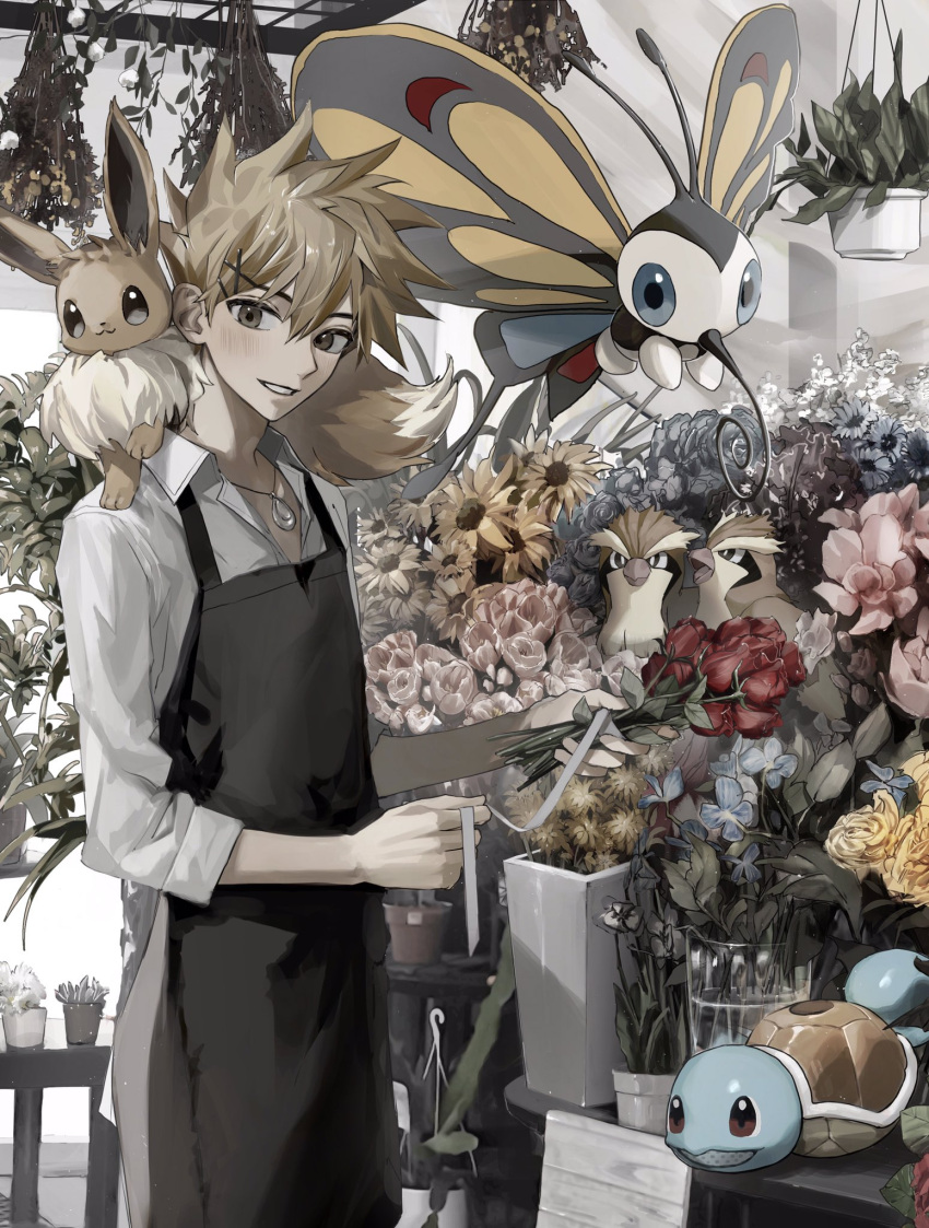 1boy alternate_costume apron beautifly bird blue_oak blush brown_eyes brown_hair collared_shirt eevee flower hair_between_eyes hair_ornament highres holding holding_flower jewelry looking_down male_focus necklace pidgey plant pokemon pokemon_(creature) potted_plant red_flower ribbon rose sekaiitinoki shirt short_hair sleeves_past_elbows smile spiked_hair squirtle standing watering_can x_hair_ornament