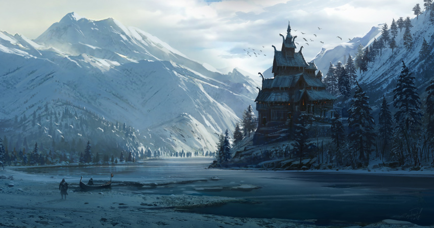 1boy absurdres assassin's_creed:_valhalla bird boat building cloud cloudy_sky concept_art dated european_architecture highres landscape mountain norway outdoors raphael-lacoste river signature sky tree water watercraft watermark