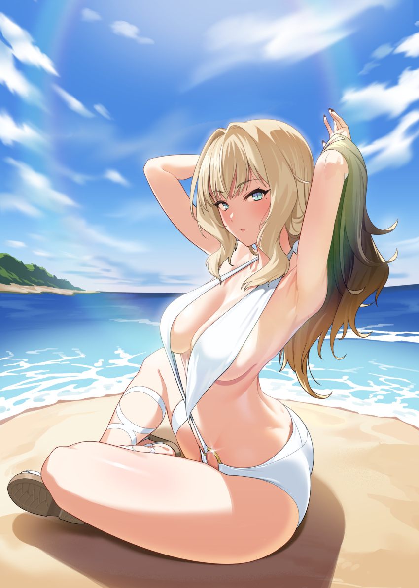 1girl armpits arms_up bare_arms bare_legs beach black_hair blonde_hair blue_eyes blue_sky breasts cleavage closers cloud from_side full_body gradient_hair hands_in_hair harpy_(closers) highres indian_style island large_breasts leg_ribbon lens_flare long_hair looking_at_viewer looking_to_the_side multicolored_hair o-ring o-ring_swimsuit ocean official_art one-piece_swimsuit outdoors parted_lips ribbon sand sandals sideboob sidelocks sitting sky slingshot_swimsuit solo swimsuit white_footwear white_one-piece_swimsuit white_ribbon