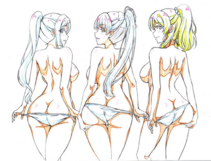 3girls ass ass_support ayase_eli backboob black_hair blonde_hair blue_eyes breasts butt_crack color_trace commentary_request from_behind hairstyle_connection hazuki_ren high_ponytail highres in-franchise_crossover kotokoto_(jumon) large_breasts long_hair looking_at_viewer looking_back love_live! love_live!_school_idol_project love_live!_sunshine!! love_live!_superstar!! matsuura_kanan multiple_girls orange_eyes panties panty_pull ponytail standing topless trait_connection underwear white_panties