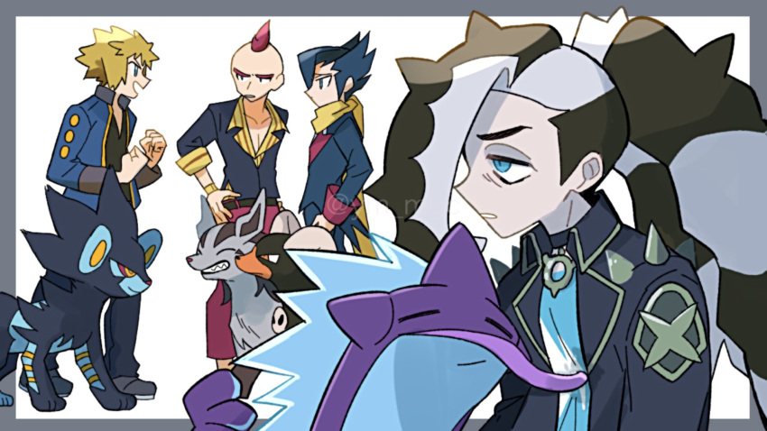 4boys belt black_hair black_jacket blonde_hair blue_eyes blue_shirt border eyeshadow grey_border grimsley_(pokemon) hand_on_own_hip highres horns houndoom jacket looking_at_another luxray makeup male_focus mightyena multicolored_hair multiple_boys official_alternate_costume outside_border pendant_choker piers_(pokemon) piers_(sygna_suit)_(pokemon) pokemon pokemon_(game) pokemon_bw pokemon_dppt pokemon_masters_ex pokemon_oras red_hair scarf shirt sidney_(pokemon) tongue tongue_out toxtricity toxtricity_(low_key) volkner_(pokemon) yellow_scarf yunme