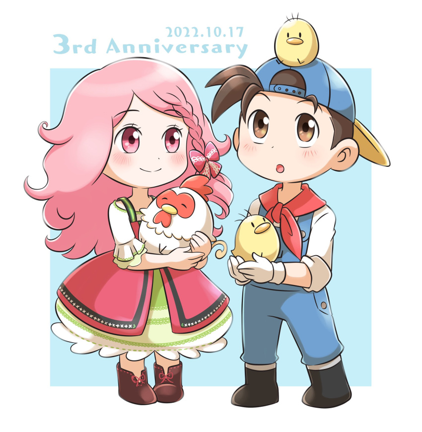 1boy 1girl animal aogaeru_(pixiv46613656) bird blue_background blue_headwear blue_overalls blush bokujou_monogatari brown_eyes brown_hair chick chicken dress highres holding holding_animal overalls pete_(bokujou_monogatari) pink_dress pink_eyes pink_hair popuri_(bokujou_monogatari)