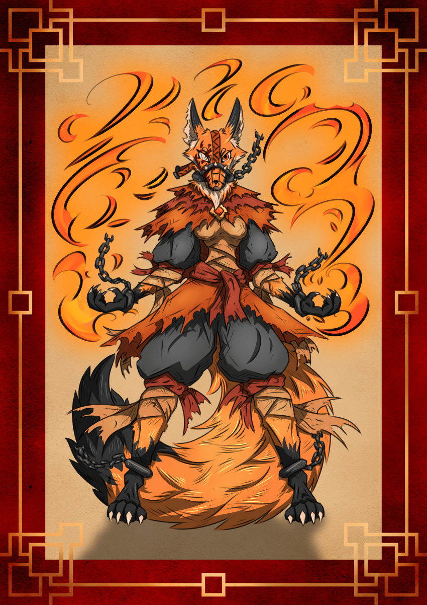 absurd_res anthro burn_marks burn_scar burning burnt_clothing canid canine chain chain_leash chained claws clothed clothing ear_tuft elemental_manipulation female fire fire_manipulation fox hi_res leash loafofbirb looking_at_viewer mammal muzzle_(object) muzzled notched_ear scar solo tail toe_claws torn_clothing tuft