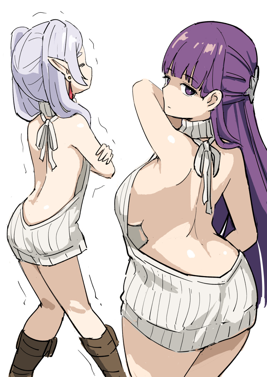 2girls absurdres bare_arms bare_shoulders boots breasts brown_footwear closed_eyes closed_mouth crossed_arms drop_earrings earrings fern_(sousou_no_frieren) frieren from_behind grey_background grey_hair highres jewelry large_breasts long_hair looking_at_viewer looking_back meme_attire multiple_girls naked_sweater pointy_ears purple_eyes purple_hair shiny_skin simple_background sousou_no_frieren sweater tenten_(chan4545) trembling virgin_killer_sweater