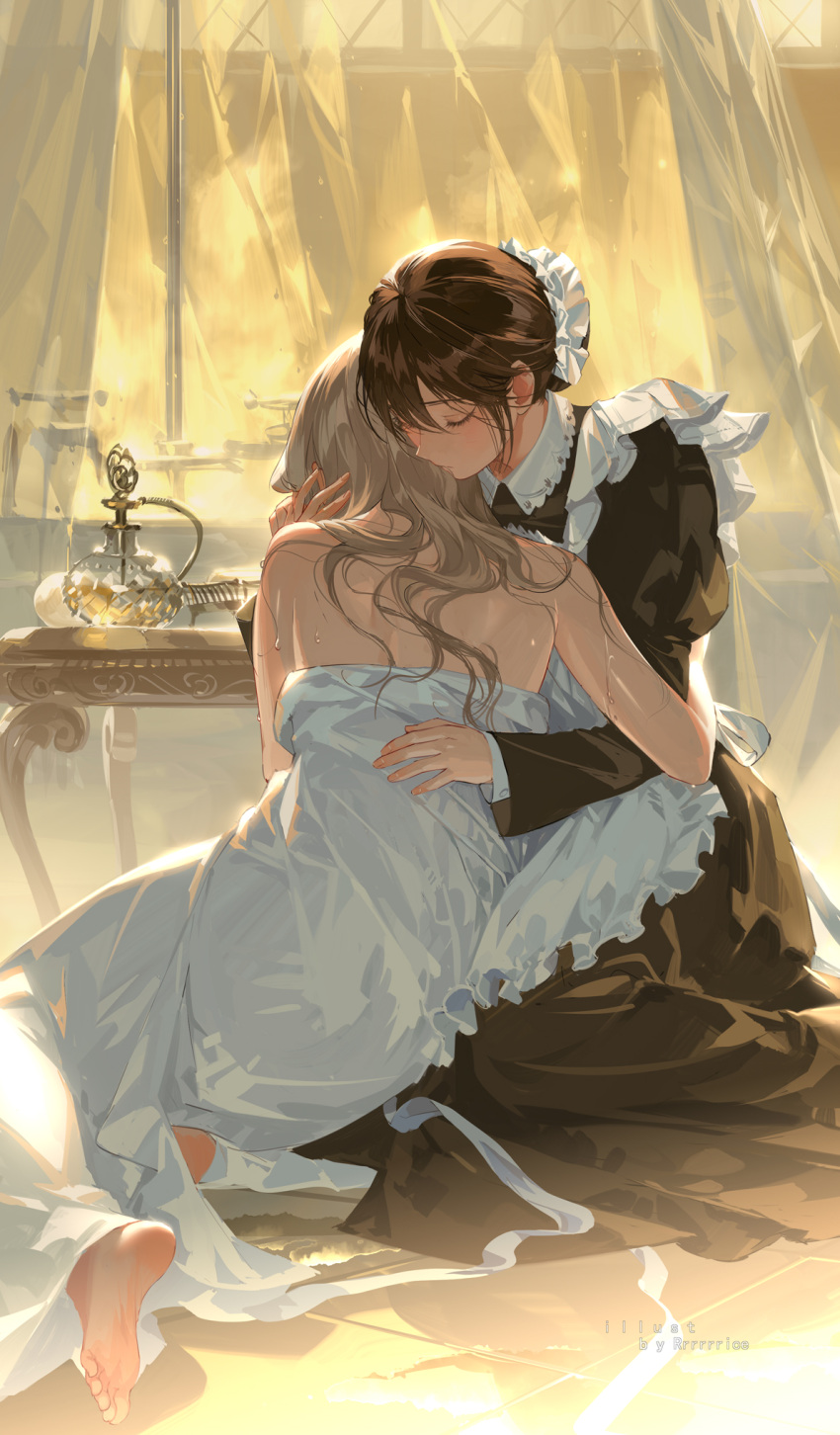 2girls apron artist_name bare_shoulders barefoot black_dress blonde_hair bottle brown_hair closed_eyes collar comforting curtains dress feet frilled_apron frills hair_bun hand_on_another's_back hand_on_another's_hand hand_on_another's_head highres hug juliet_sleeves kneeling long_hair long_sleeves maid maid_apron multiple_girls original perfume_bottle puffy_sleeves reflection reflective_floor rrr_(reason) sidelocks soles swept_bangs table tile_floor tiles toes wet white_apron white_collar white_dress window yuri