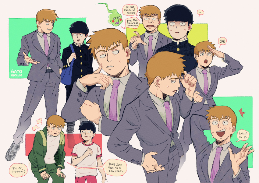 ... 2boys bag black_hair blonde_hair buttons commentary ekubo_(mob_psycho_100) english_commentary english_text gakuran gatoiberico green_jacket green_pants grey_jacket grey_pants grey_suit gym_uniform hand_in_pocket hand_up hands_on_own_legs highres jacket kageyama_shigeo long_sleeves looking_at_another male_focus mob_psycho_100 multiple_boys multiple_views necktie open_mouth pants pointing purple_necktie reigen_arataka school_bag school_uniform shirt short_hair simple_background sitting smile speech_bubble spirit suit sweat white_shirt