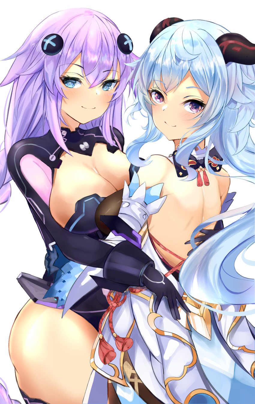 2girls absurdres back backless_outfit bare_back bare_shoulders bimmy blue_hair bow breasts cleavage commission detached_sleeves ganyu_(genshin_impact) genshin_impact goat_horns highres horns large_breasts long_hair long_sleeves looking_at_viewer looking_back multiple_girls neptune_(series) purple_heart solo white_sleeves