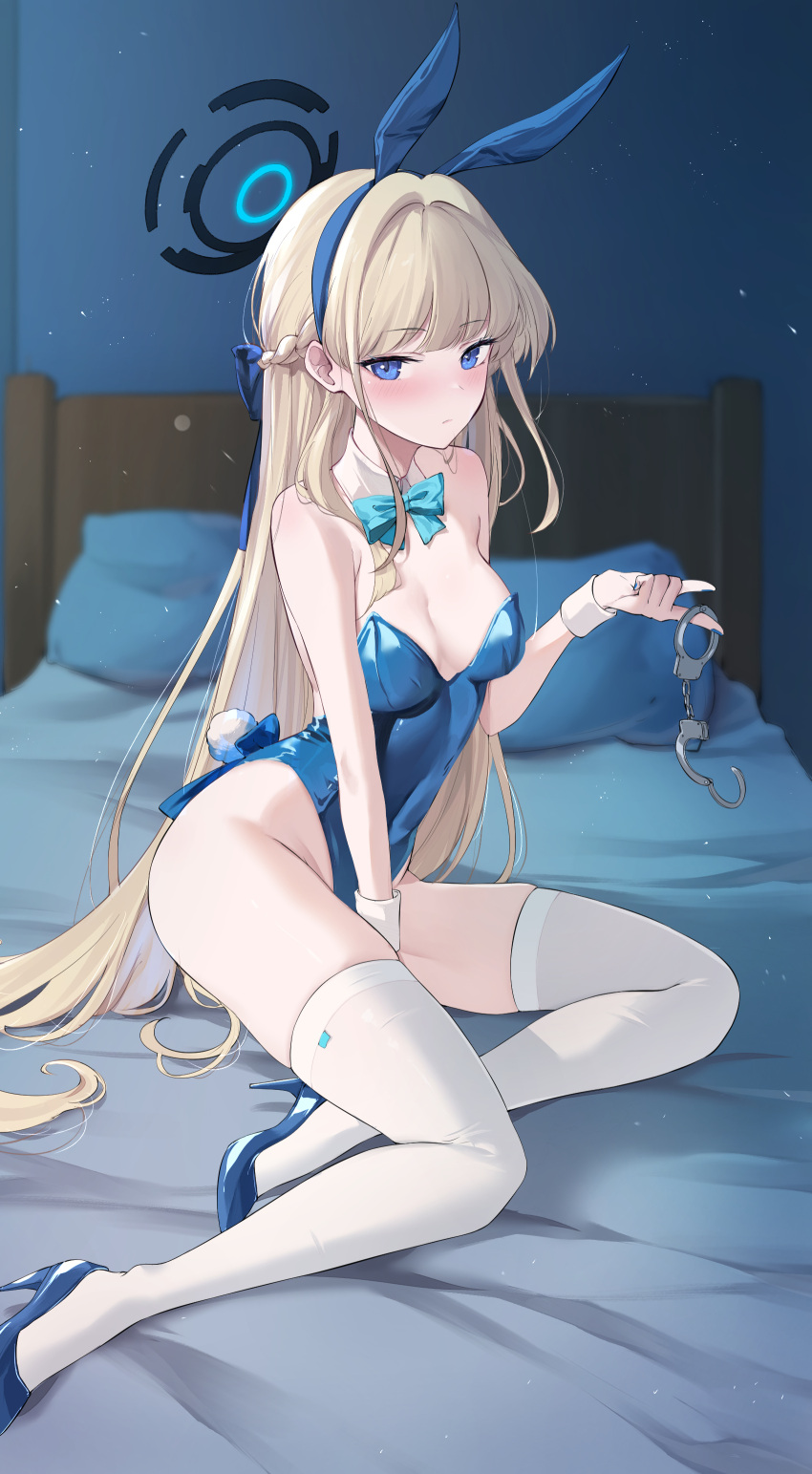 1girl absurdres animal_ears bed blonde_hair blue_archive blue_eyes blue_leotard blue_nails blush bow bowtie breasts commentary cuffs detached_collar fake_animal_ears fake_tail feint721 full_body halo handcuff_dangle handcuffs high_heels highleg highleg_leotard highres holding holding_handcuffs leotard light_particles long_hair medium_breasts nail_polish official_alternate_costume official_alternate_hairstyle on_bed pillow playboy_bunny rabbit_ears rabbit_tail sitting skindentation solo tail thighhighs thighs toki_(blue_archive) toki_(bunny)_(blue_archive) very_long_hair white_thighhighs yokozuwari