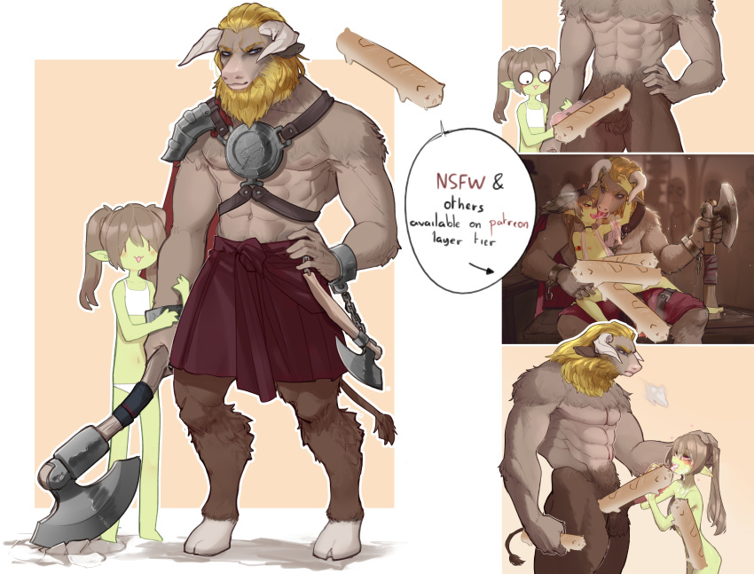 1boy 1girl absurdres axe beard black_skirt blonde_hair body_fur brown_fur brown_hair cat_baguette_(popopoka) chain colored_skin completely_nude english_text facial_hair fellatio flat_chest furry furry_male green_skin height_difference highres holding holding_axe horns licking licking_penis looking_at_viewer minotaur navel nude open_mouth oral original paid_reward_available panties penis popopoka saliva sex skirt stomach testicles tongue tongue_out twintails underwear white_panties