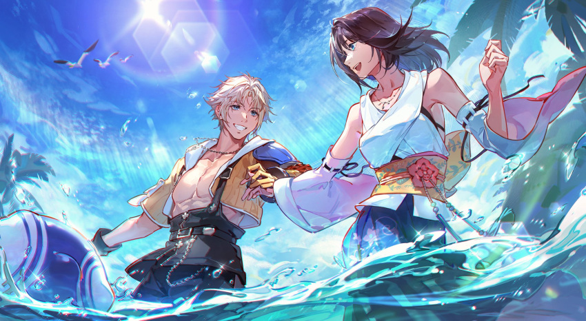 1boy 1girl ball bare_shoulders bird black_bra black_overalls blonde_hair blue_eyes blue_skirt blue_sky bra brown_hair couple cropped_jacket crow0cc day detached_sleeves final_fantasy final_fantasy_x highres hood hooded_jacket jacket japanese_clothes jewelry looking_at_another medium_hair necklace nontraditional_miko obi outdoors overalls palm_tree partially_submerged pectorals sash skirt sky sun sunlight tidus tree underwear upper_body water white_sleeves wide_sleeves yellow_jacket yuna_(ff10)