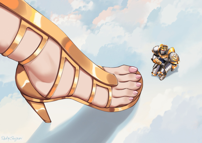 1girl arm_armor armor cloud feet giant giantess heart heart-shaped_eyes helmet high_heels highres knight leg_armor lian_(paladins) nail_polish paladins pauldrons pink_nails ruby_suguri sandals shadow shoulder_armor signature size_difference toenail_polish toenails toes