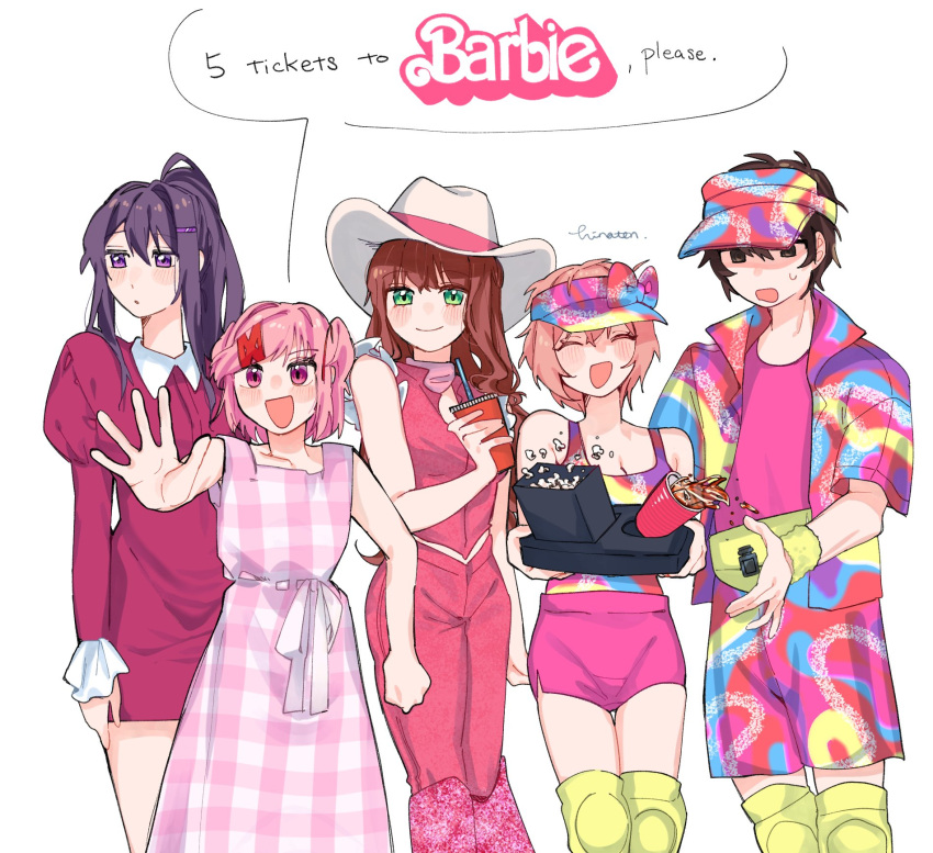 1boy 4girls ^_^ artist_name barbie_(character) barbie_(character)_(cosplay) barbie_(franchise) barbie_(live_action) blush bow breasts brown_eyes brown_hair cleavage closed_eyes cosplay cup disposable_cup doki_doki_literature_club dress drinking_straw green_eyes hair_behind_ear hat hat_bow highres hinaten holding holding_cup holding_tray juliet_sleeves ken_(barbie) ken_(barbie)_(cosplay) logo long_sleeves medium_breasts monika_(doki_doki_literature_club) multiple_girls natsuki_(doki_doki_literature_club) open_hand pants pink_dress pink_eyes pink_hair pink_pants pink_shirt pink_shorts plaid plaid_dress protagonist_(doki_doki_literature_club) puffy_sleeves purple_eyes purple_hair sayori_(doki_doki_literature_club) shirt shorts sleeveless sleeveless_shirt smile speech_bubble tray visor_cap yuri_(doki_doki_literature_club)