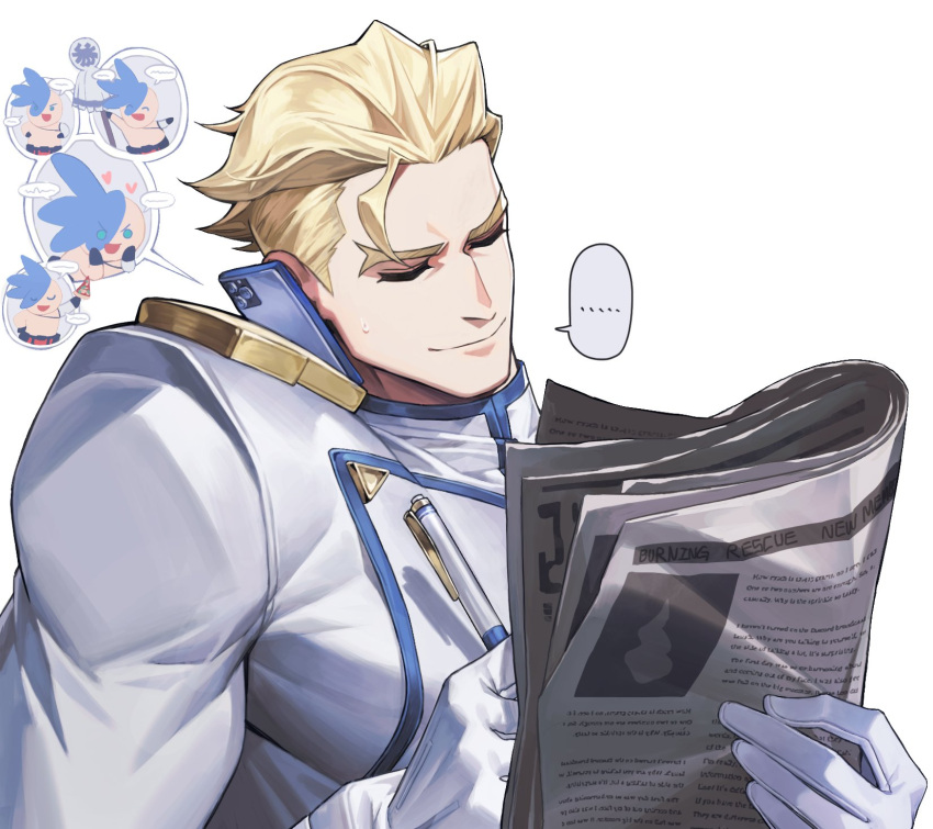 ... 1boy blonde_hair closed_eyes closed_mouth gaeag_prma galo_thymos highres holding holding_newspaper holding_pen jacket kray_foresight male_focus newspaper pen phone promare short_hair simple_background smile talking_on_phone upper_body white_background white_jacket