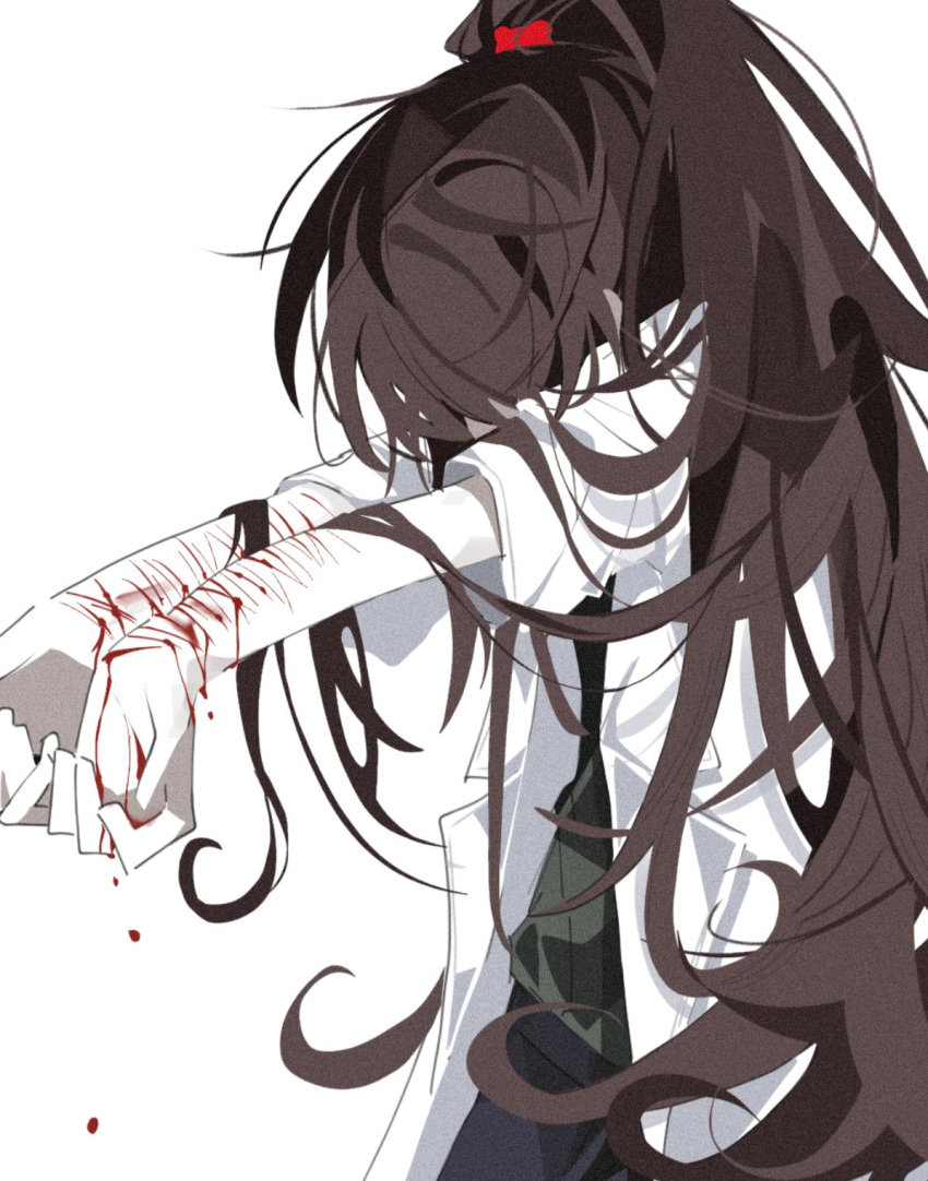 1girl black_skirt blood brown_hair carmen_(project_moon) coat covered_face green_shirt high_ponytail highres lab_coat lemonail lobotomy_corporation long_hair long_sleeves project_moon self_harm shirt simple_background skirt sleeves_rolled_up solo very_long_hair white_background white_coat wrist_cutting