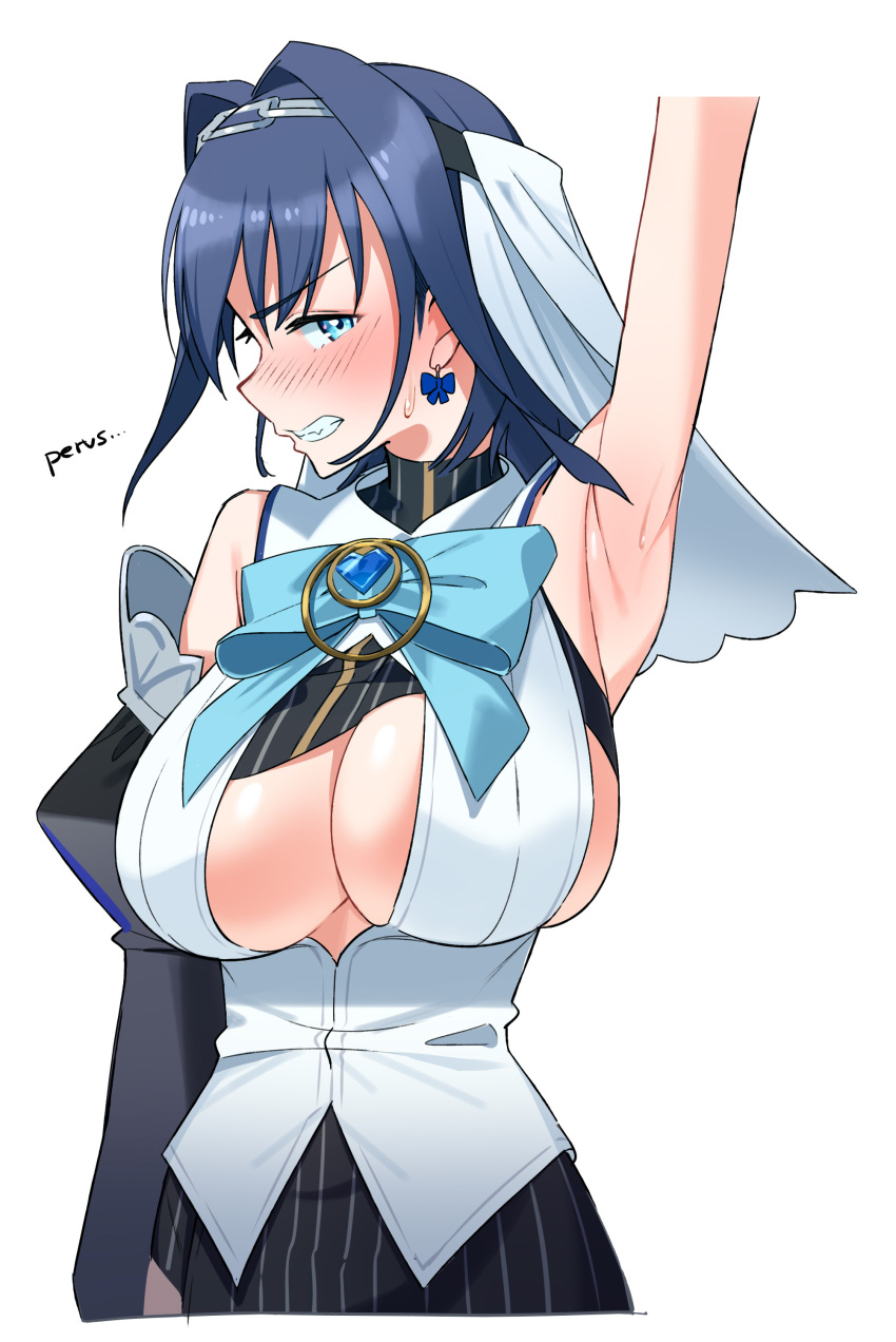 1girl absurdres arm_up armpits black_skirt blue_bow blue_eyes blue_gemstone blue_hair blush bow bow_earrings breasts chain chain_headband cleavage cleavage_cutout clenched_teeth clothing_cutout crop_top detached_sleeves earrings embarrassed english_text gem gom_(kooskoo) grimace hair_intakes head_chain headband headpiece heart-shaped_gem highres hololive hololive_english huge_breasts jewelry looking_at_viewer miniskirt ouro_kronii presenting_armpit shirt skirt striped striped_shirt striped_skirt teeth veil vertical-striped_shirt vertical_stripes virtual_youtuber white_background white_shirt white_veil zipper