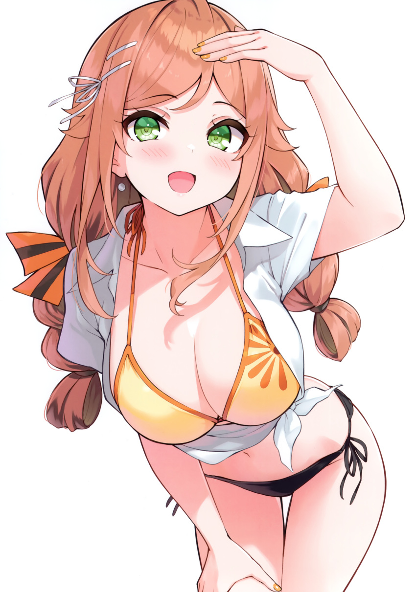 1girl absurdres bikini blush breasts brown_hair cleavage collarbone earrings fingernails green_eyes hair_ornament hairclip hand_up highres hisen_kaede jewelry leaning_forward long_hair looking_at_viewer low_twintails medium_breasts nail_polish navel original scan shadow shirt short_sleeves side-tie_bikini_bottom simple_background smile solo stomach swimsuit thighs tojo_senri_(hisen_kaede) twintails white_background white_shirt yellow_nails