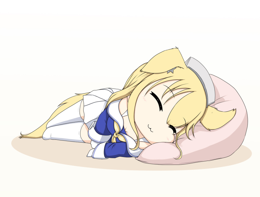 1girl :3 animal_ears blonde_hair blue_shirt closed_eyes dog_ears dog_tail fletcher_(kancolle) full_body hair_ornament headgear kantai_collection long_hair lying on_side pillow pleated_skirt school_uniform serafuku shirt simple_background skirt sleeping smile solo star_(symbol) star_hair_ornament tail thighhighs white_background white_skirt white_thighhighs yakuto007