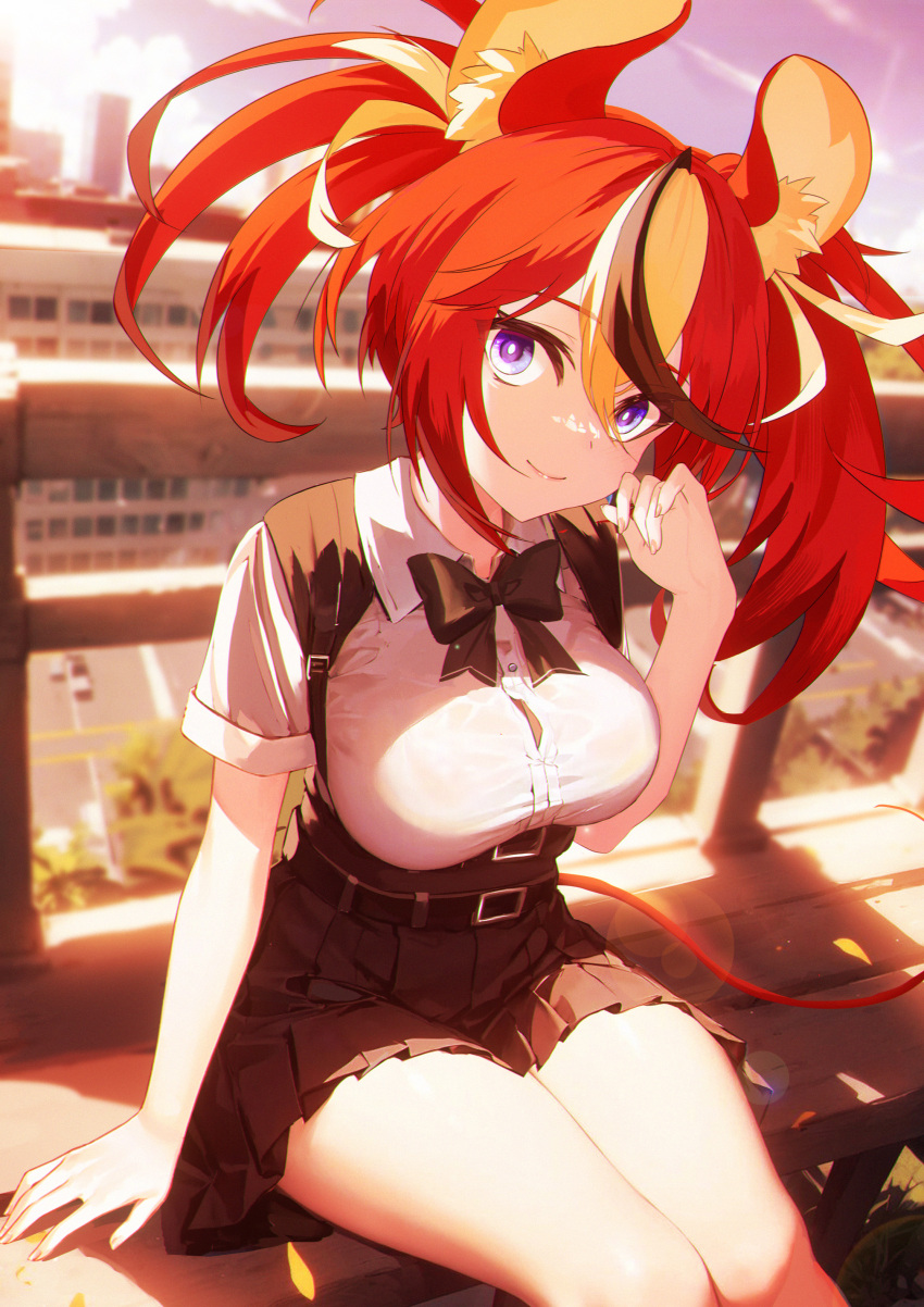 1girl absurdres animal_ear_fluff bench black_bow black_bowtie blue_eyes bow bowtie breasts button_gap closed_mouth hakos_baelz hand_up highres hololive hololive_english jiang_ye_kiri large_breasts mouse_girl mouse_tail pleated_skirt railing red_hair skirt sky smile solo tail thighs twintails virtual_youtuber