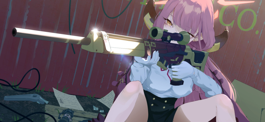 1girl aiming aru_(blue_archive) black_skirt blue_archive blunt_bangs bow bowtie brown_coat coat coat_on_shoulders collared_shirt commentary_request demon_girl demon_horns fur-trimmed_coat fur_trim gloves gun h&amp;k_psg1 halo high-waist_skirt holding holding_gun holding_weapon horns long_hair long_sleeves looking_at_viewer one_eye_closed open_clothes open_coat outdoors pencil_skirt red_bow red_bowtie red_hair rifle ryeon_(bluetom1) school_uniform scope shirt sidelocks sitting skirt sniper_rifle solo weapon white_gloves white_shirt