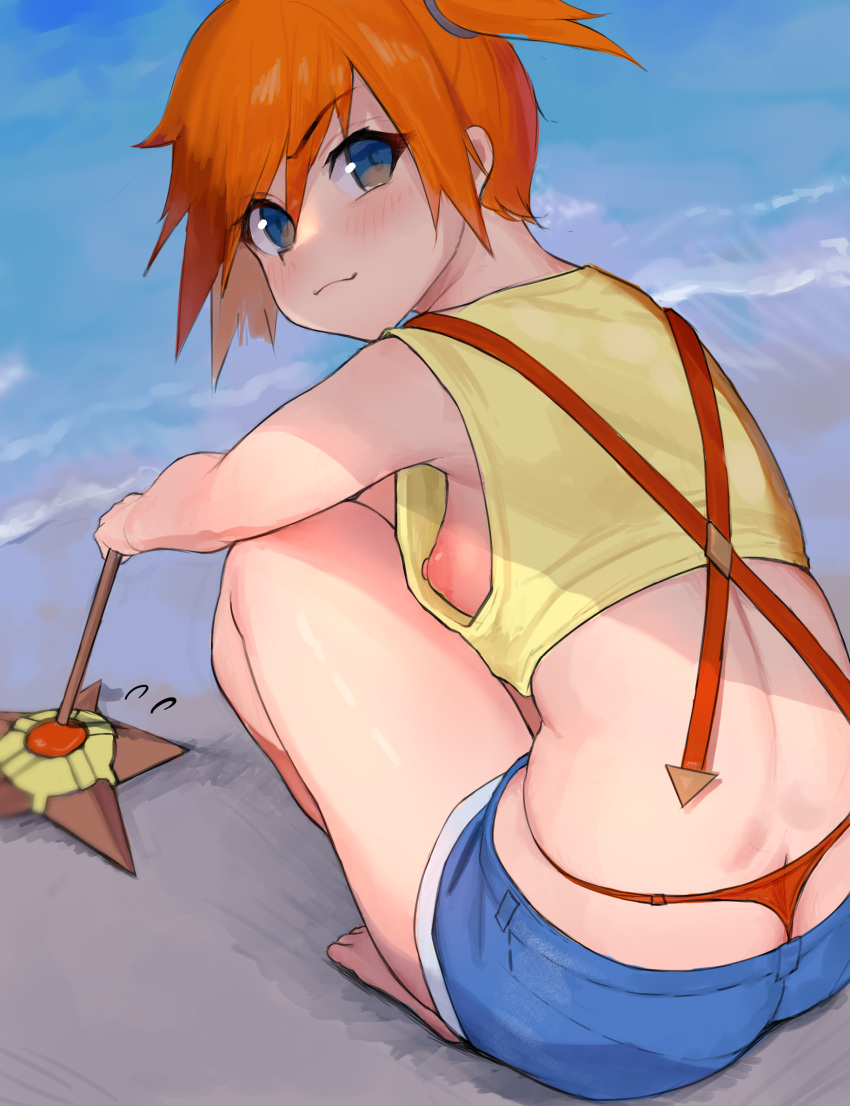 1girl beach blue_eyes blue_shorts breasts commentary_request crop_top from_behind gatchan highres holding holding_stick light_smile looking_at_viewer looking_back misty_(pokemon) no_bra ocean orange_hair outdoors panties pokemon pokemon_(anime) pokemon_(classic_anime) pokemon_(creature) poking red_panties short_hair short_shorts shorts side_ponytail sideboob small_breasts squatting staryu stick string_panties suspender_shorts suspenders tank_top underwear yellow_tank_top