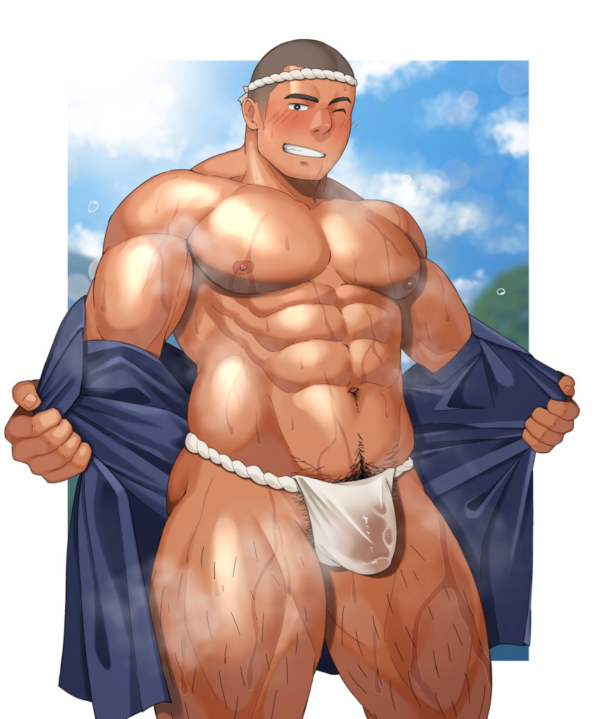 1boy abs armpit_hair armpit_hair_peek bara bare_pectorals blush bright_pupils bulge buzz_cut come_hither covered_penis feet_out_of_frame fundoshi grey_hair grin hachimaki happi headband highres japanese_clothes kansuke_(kansuke_717) kimono large_pectorals leg_hair long_sideburns looking_at_viewer male_focus male_pubic_hair mature_male muscular muscular_male navel navel_hair nipples open_clothes open_kimono original outstretched_arms pectorals pubic_hair pubic_hair_peek seductive_smile see-through short_hair sideburns smile solo sparse_navel_hair spread_arms standing stomach strongman_waist summer_festival sweat thick_thighs thighs undressing very_short_hair very_sweaty wet wet_clothes wet_fundoshi