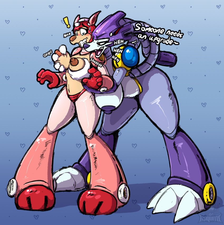 anthro armor big_breasts blue_eyes blush bodily_fluids breast_grab breast_squish breasts canid canine canis capcom claws crossgender dialogue domestic_dog duo female female/female forced from_behind_position gem hand_on_breast headgear helmet hi_res iniquity leaning machine mammal mega_man_(series) nipples onomatopoeia purple_body red_body red_eyes robot rush_(mega_man) sex small_breasts sound_effects squish surprised_expression sweat tail teasing text treble_(mega_man) wolf