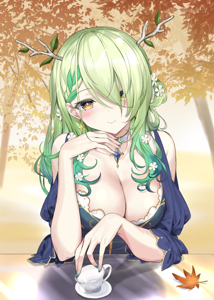 1girl antlers aqua_nails autumn_leaves blue_brooch blue_dress braid breasts ceres_fauna ceres_fauna_(1st_costume) collarbone crystal_shoujo cup dress flower gradient_hair green_hair hair_between_eyes hair_flower hair_ornament highres holding holding_cup hololive hololive_english large_breasts leaf long_hair multicolored_hair saucer solo teacup tree two-tone_hair upper_body white_flower