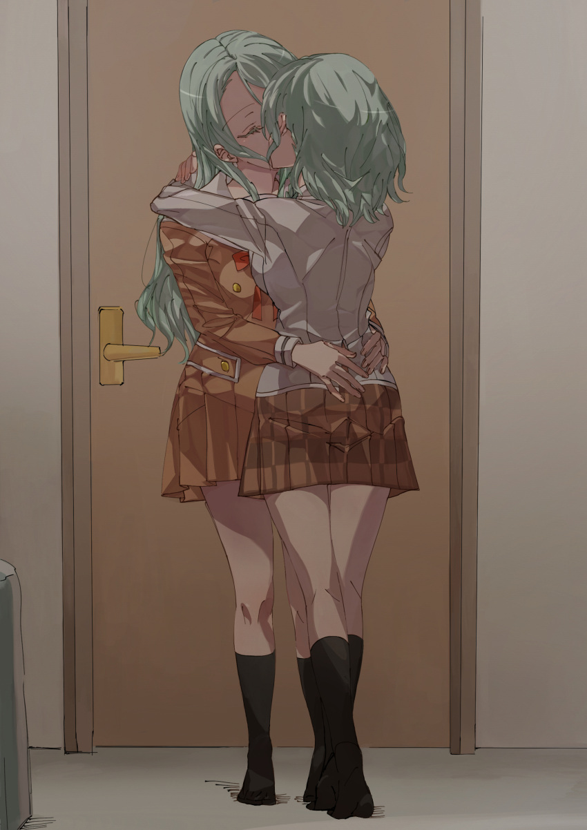 2girls absurdres aqua_hair arms_around_neck bang_dream! black_socks blazer brown_dress brown_skirt closed_eyes door dress grey_jacket hands_on_another's_waist highres hikawa_hina hikawa_sayo incest jacket junjun_(kimi-la) kiss kneehighs long_hair medium_hair multiple_girls school_uniform siblings sisters skirt socks standing twincest twins yuri