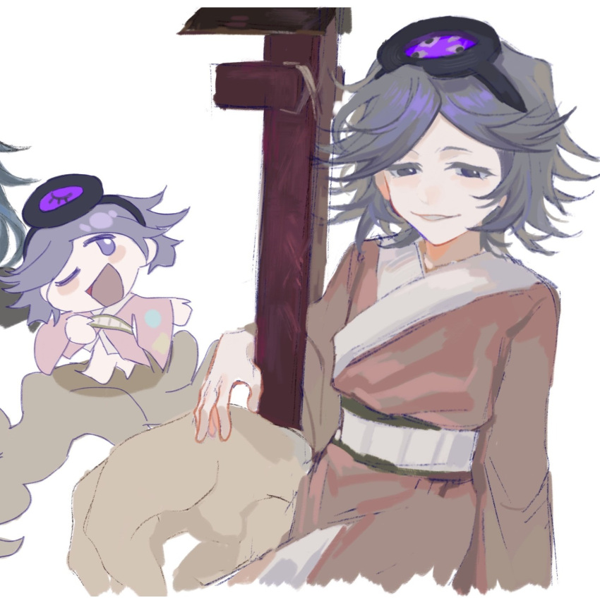 1other androgynous badai barefoot black_hairband blush_stickers chibi cloud colored_eyelashes hairband half-closed_eyes hand_on_own_chest head_mirror highres japanese_clothes kimono len'en long_sleeves messy_hair mitsumo multiple_views one_eye_closed open_mouth other_focus pink_kimono purple_eyes purple_hair sash short_hair smile solo teeth terumi_(len'en) torii white_background white_sash wide_sleeves