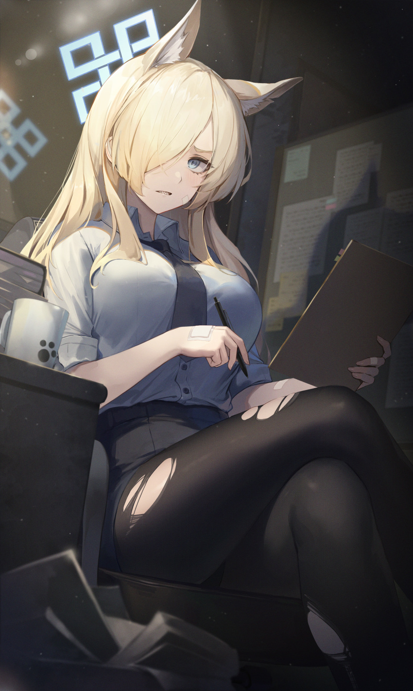1girl absurdres animal_ears bandaid black_skirt blonde_hair blue_archive blue_eyes breasts clenched_teeth clipboard coffee_mug collared_shirt crossed_legs cup hair_between_eyes hair_over_one_eye highres holding holding_clipboard indoors kanna_(blue_archive) large_breasts long_sleeves looking_at_viewer mirror mug necktie pantyhose parted_lips pen reflection shirt sitting skirt solo table teeth torn_clothes torn_pantyhose wnwwnw10
