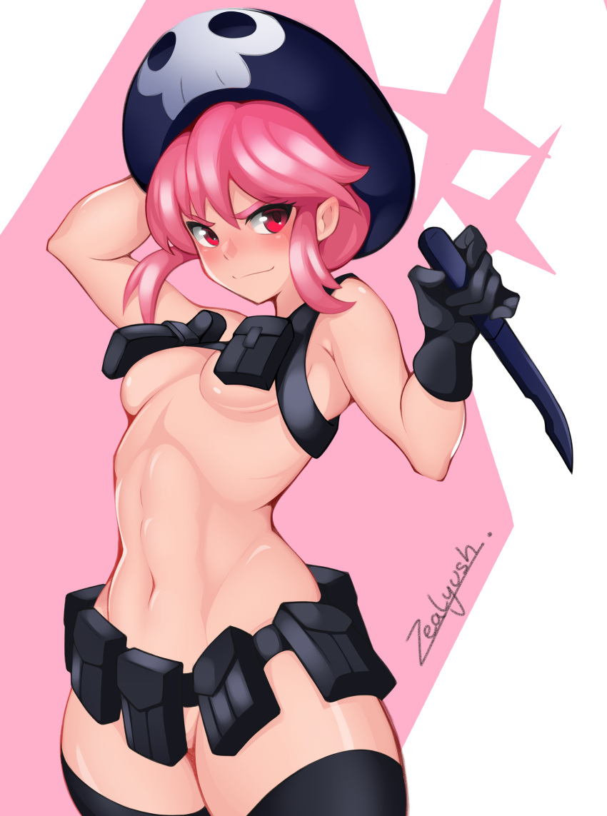 1girl abs absurdres arm_behind_head artist_name bad_id bad_pixiv_id bare_shoulders belt belt_pouch beret black_belt black_gloves black_headwear black_thighhighs blush breasts combat_knife commentary cowboy_shot diamond_(shape) from_side gloves groin hair_up harness hat highres holding holding_knife holding_weapon jakuzure_nonon kill_la_kill knife looking_at_viewer looking_to_the_side naughty_face navel nose_blush nudist_beach_uniform pink_background pink_hair pouch red_eyes revealing_clothes reverse_grip romaji_commentary sidelocks signature skull_print small_breasts smile solo sparkle standing thighhighs toned two-tone_background weapon white_background zealyush