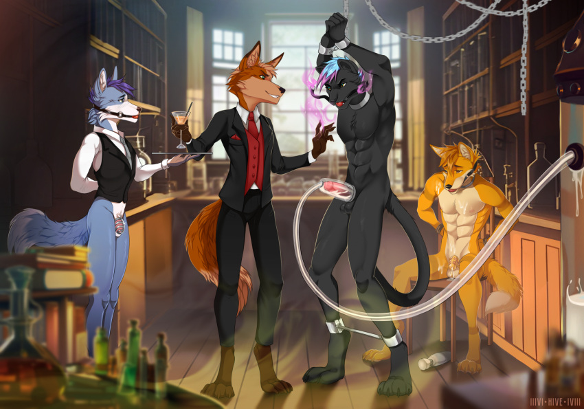anthro arms_tied ball_gag bound canid canine chastity_cage chastity_device fox gag gagged group hands_tied hi_res hive43 magic male male/male mammal muscular muscular_male penile penis_milking penis_milking_machine waiter waiter_suit waiter_tray