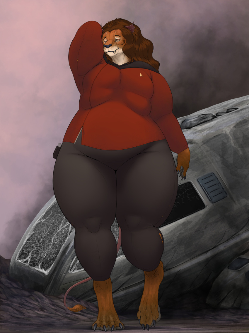 anthro big_breasts black_body black_bottomwear black_claws black_clothing black_fur black_pants bottomwear breasts brown_hair caitian chubby_female claws clothing digitigrade felid female fur hair hi_res huge_thighs kzinti long_hair mammal meanybeany multi_breast multicolored_body multicolored_fur orange_body orange_eyes orange_fur pants red_clothing red_shirt red_topwear shirt solo star_trek thick_thighs toe_claws topwear torn_clothing