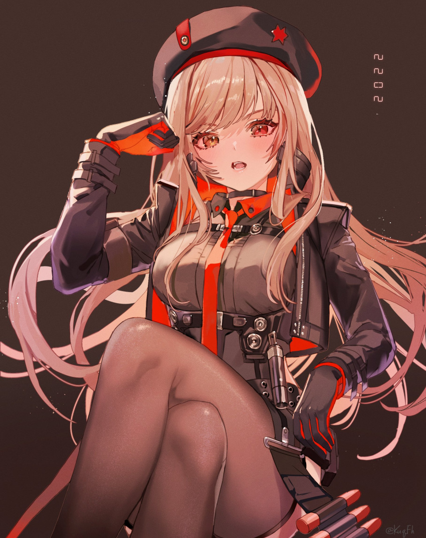 1girl ammunition_belt arm_pouch arm_rest bangs beret black_choker black_gloves black_headwear black_jacket black_leotard brown_hair brown_thighhighs choker clenched_hand collared_leotard cropped_jacket crossed_legs feet_out_of_frame gloves goddess_of_victory:_nikke hand_on_own_head hat highres invisible_chair jacket kuqfh legs leotard long_hair looking_at_viewer multicolored_clothes multicolored_jacket necktie open_mouth rapi_(nikke) red_eyes red_gloves red_necktie simple_background sitting solo teeth thighhighs two-tone_gloves two-tone_jacket