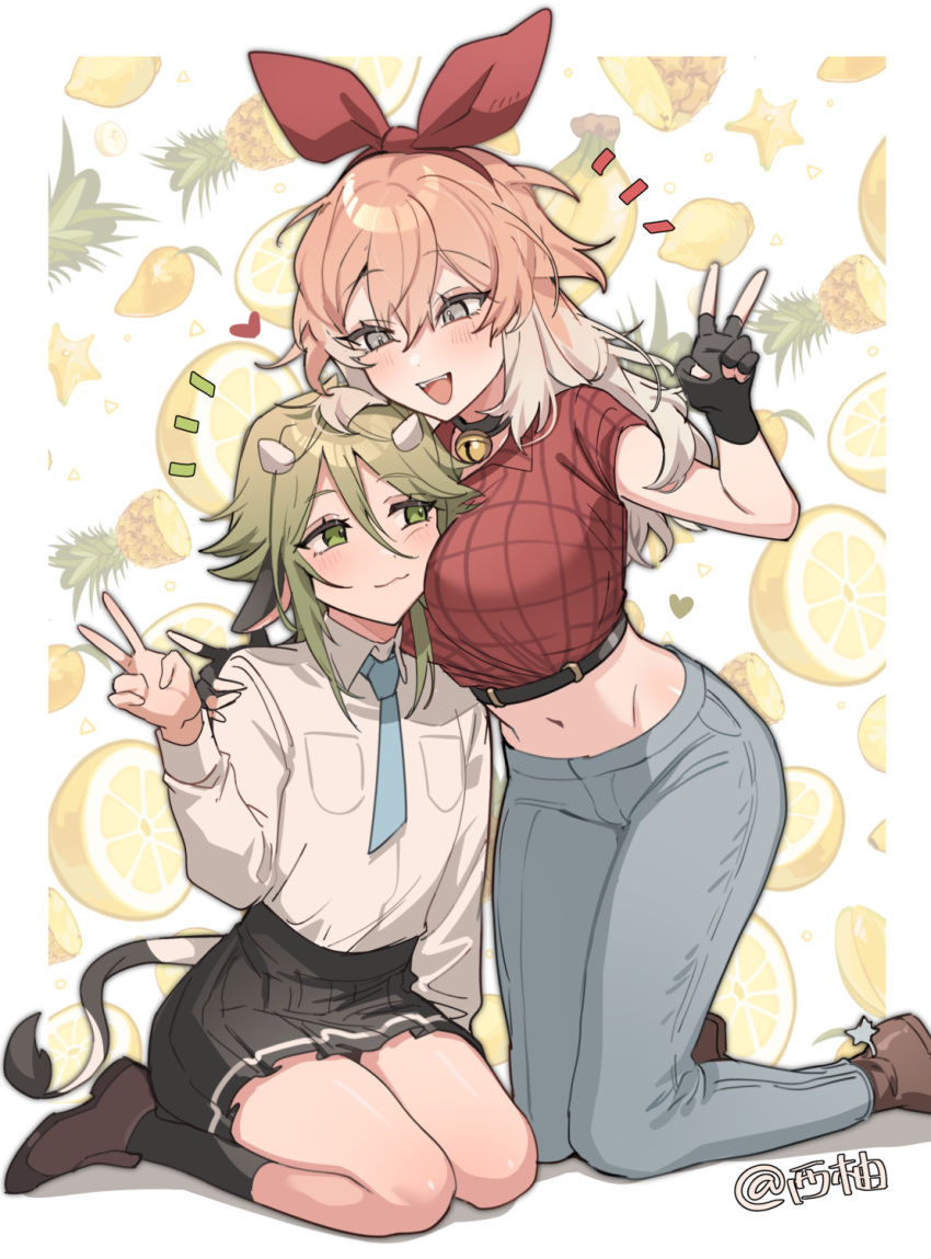 1boy 1girl :3 animal_ears bell blonde_hair blue_necktie blush cheek-to-breast cow_boy cow_ears cow_horns cow_tail crop_top crossdressing degrees_of_lewdity denim fingerless_gloves fruit_background full_body gloves green_eyes green_hair grey_eyes hair_between_eyes hair_ribbon hairband heart highres horns jeans kneeling long_hair looking_at_another ming_(5unri5e666) multicolored_hair navel neck_bell necktie notice_lines open_mouth original otoko_no_ko pants pleated_skirt red_shirt ribbon seiza shirt sitting skirt smile stirrup_footwear tail twitter_username two-tone_hair v white_background white_shirt