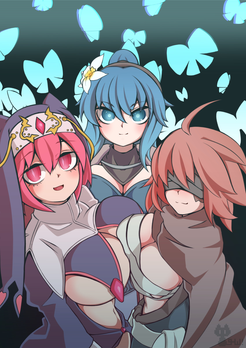 3girls :d absurdres ahoge auris_(sequel) black_blindfold black_hairband blindfold blue_eyes blue_hair blue_pupils breast_curtains breasts brown_cloak chest_sarashi cleavage cloak emela_(sequel) flower habit hair_between_eyes hair_flower hair_ornament hairband highres large_breasts lestea_(sequel) long_hair looking_at_viewer multiple_girls navel open_mouth pink_eyes pink_gemstone pink_hair pink_pupils ponytail purple_headwear sakumochi_(pixiv4431677) sarashi scar scar_on_face sequel_(series) sequel_colony short_hair smile white_flower